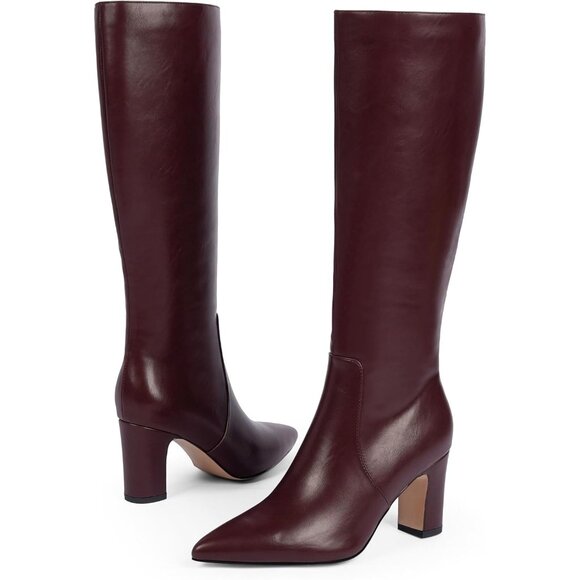 Women Burgundy Chunky Heel Pointed Toe Side Zipper Fall Dressy Comfortable Boots - Picture 8 of 9